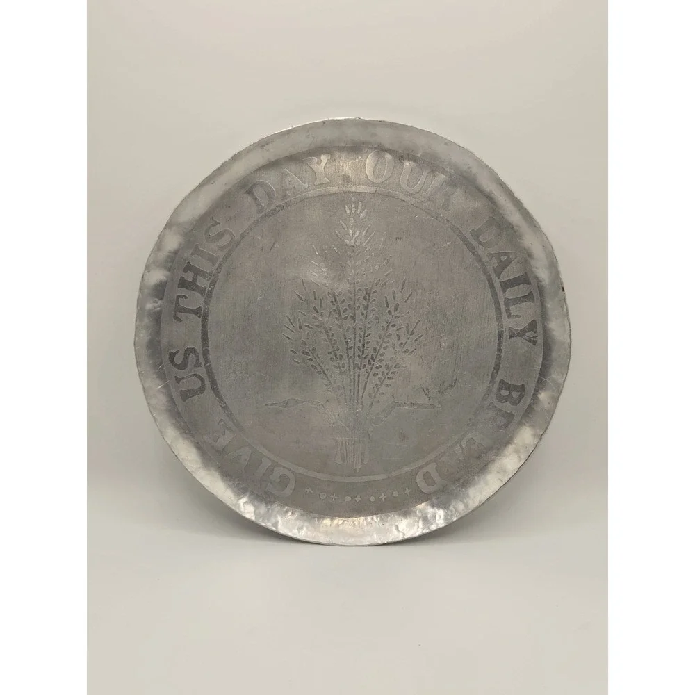 Vintage Hammered Aluminum Platter Tray Give Us This Day Our Daily Bread 11.75